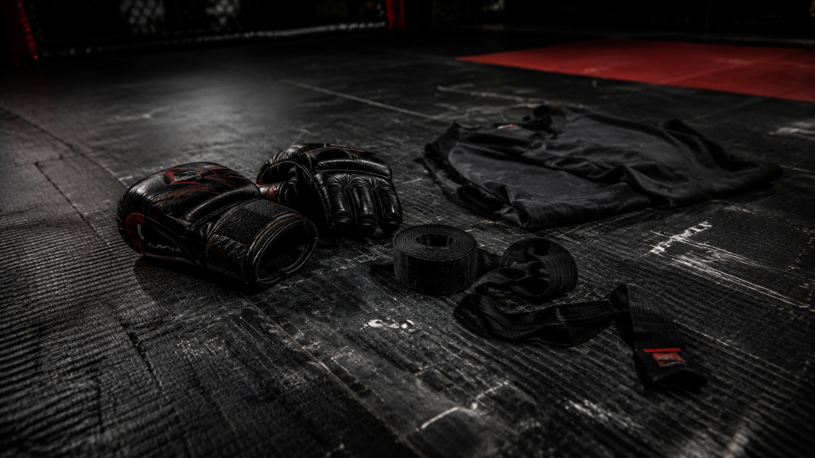 Worn martial arts training equipment arranged on dark mats inside a fight gym.