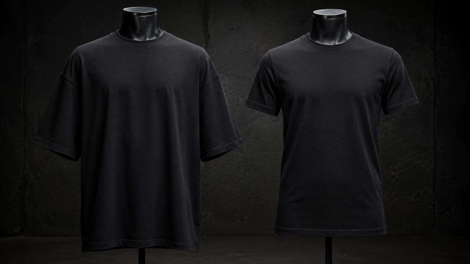 Two black T-shirts on headless forms comparing an oversized boxy silhouette with a regular fit.