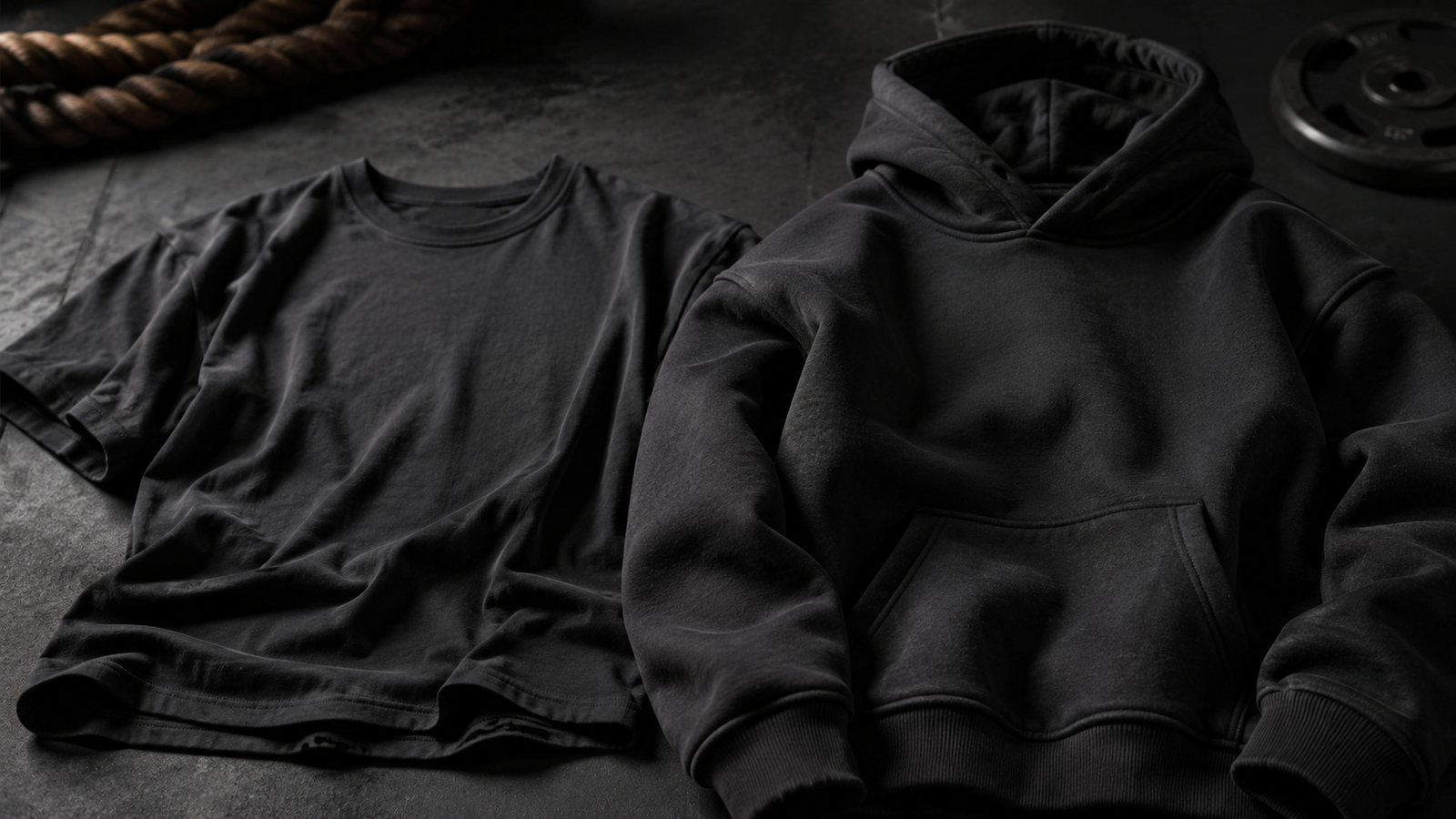 Heavyweight black T-shirt and black hoodie displayed together to show differences in fabric weight, thickness and structure.