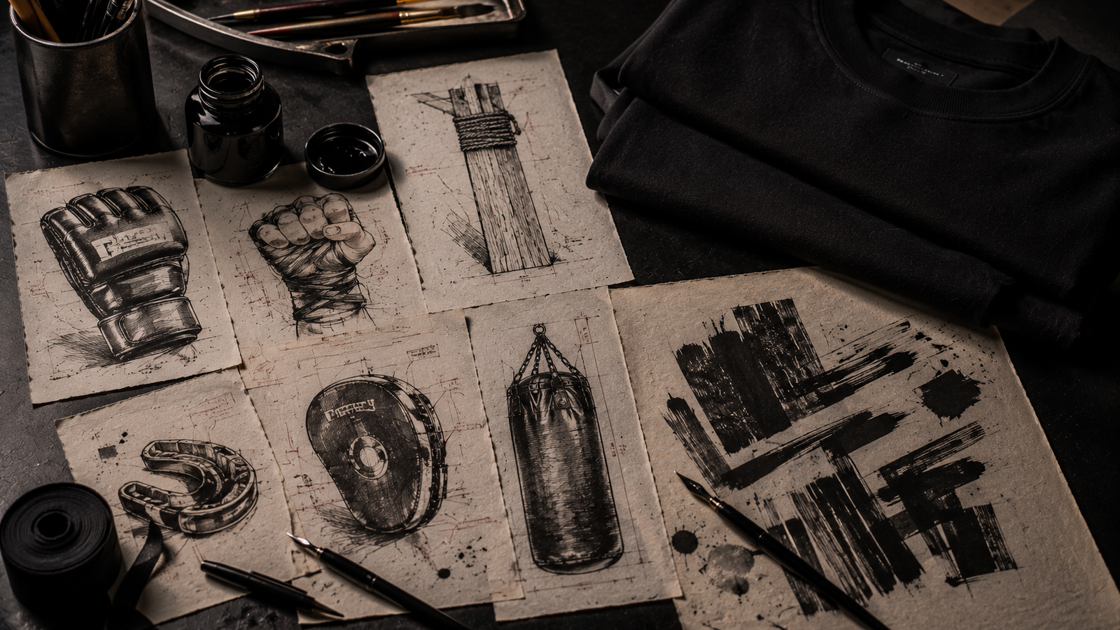 Martial-arts design workbench with ink sketches of gloves, hand wraps, makiwara, focus mitt, heavy bag and other training equipment.