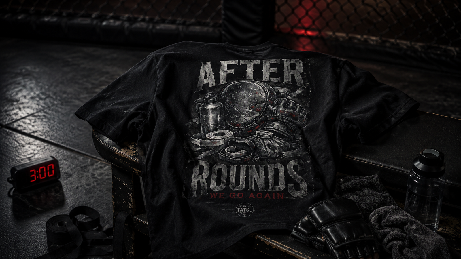 TATSU After Rounds oversized black T-shirt displayed on a worn gym bench after training with gloves, wraps, towel, bottle and round timer.